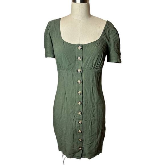 Express Olive Green Short Sleeve Button Up Empire Waist Dress Women's Size S - Picture 1 of 5